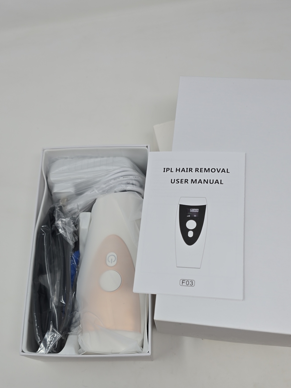 IPL Hair Removal Device Kit white w/ Box, Adapter & Cables glasses